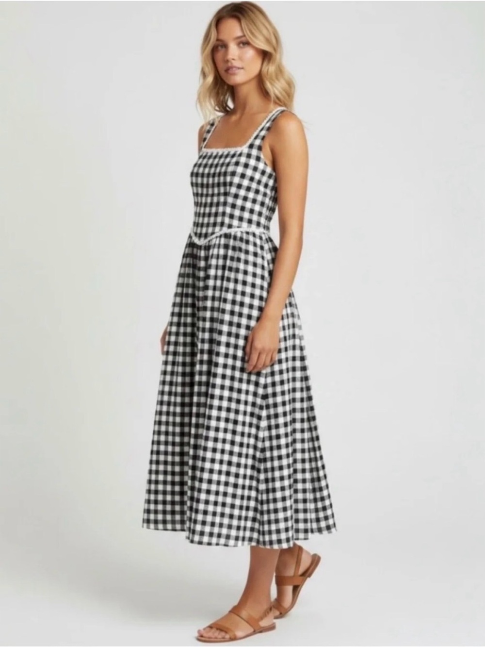 WAYF x Styled by COCO! | Gracie Gingham Linen-Blend Midi Dress- M